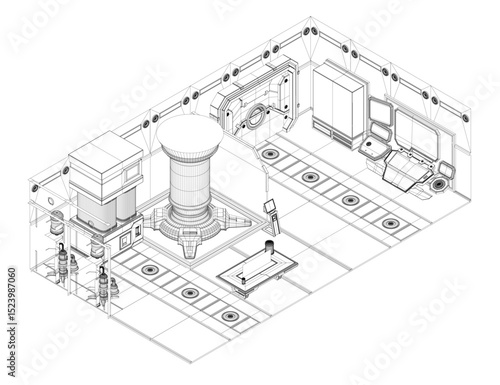 Complex, futuristic mechanical assembly with modular components. It features cylindrical and angular parts, systems, precise engineering details, suggesting advanced machinery, robotic technology. 3D