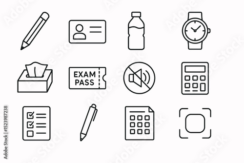 Set of office and exam icons: pen, id card, bottle, watch, tissue, exam pass, silent mode, calculator, checklist, calendar, camera