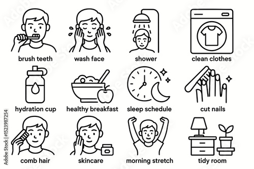 Daily routine icons: hygiene, wellness, and organization activities for children
