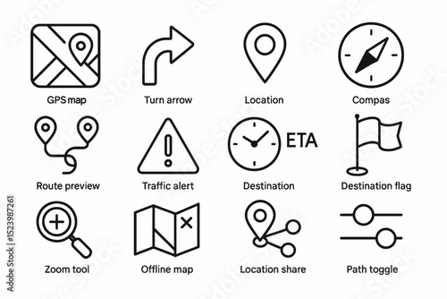 Navigation icons set: gps map, route, location, compass, eta, traffic alerts