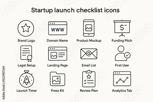 Startup launch checklist icons: essential elements for business success