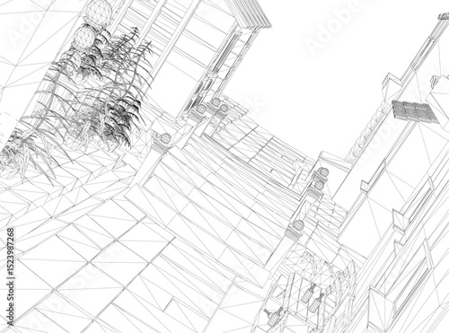 A drawing of a staircase with a bench in front of it. The stairs are made of stone and the bench is made of wood. The image has a calm and peaceful mood