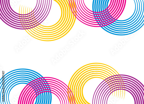Modern pattern of colored rings from parallel retro lines on a white background. Abstract design element. Trendy vector background. Frame for social networks, ads, posters, covers. Yellow blue, purple