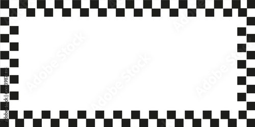 Rectangle frame with checkered print on borders. Rectangular vignette with checkerboard, race flag or chess game pattern isolated on white background. Vector graphic illistration.