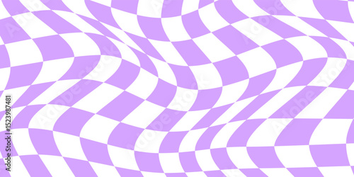 Distorted chessboard background in 2yk style. Visual chequered illusion. Dizzy psychedelic pattern with warped purple and white squares. Trippy checkerboard surface. Vector flat illustration