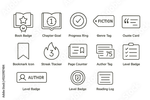 Collection of book-related icons: badges, trackers, goals, and tags