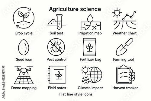 Agriculture science icons: crop, soil, irrigation, weather, seed, pest, fertilizer, drone, climate, harvest