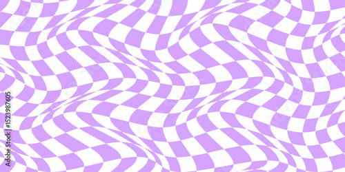 Distorted chessboard background in 2yk style. Visual chequered illusion. Dizzy psychedelic pattern with warped purple and white squares. Trippy checkerboard surface. Vector flat illustration