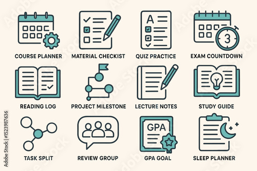 Educational planning icons for effective student organization and study management