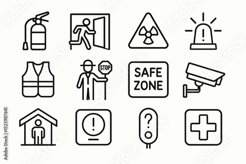 Safety icons: emergency, hazard, protection symbols set