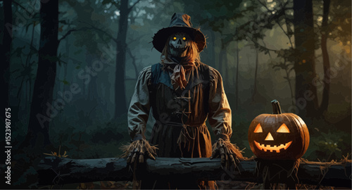 A Halloween scarecrow stands beside a carved pumpkin, set against a backdrop of autumn leaves and a twilight sky.  