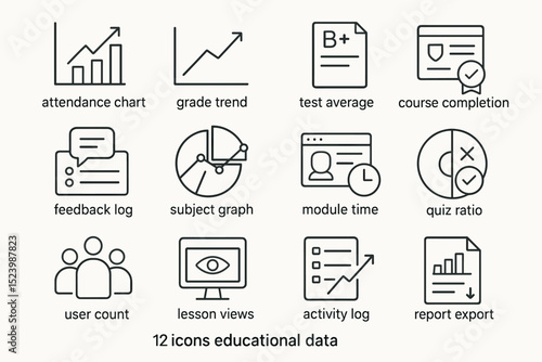 Educational data icons set: charts, grades, feedback, analytics, reports