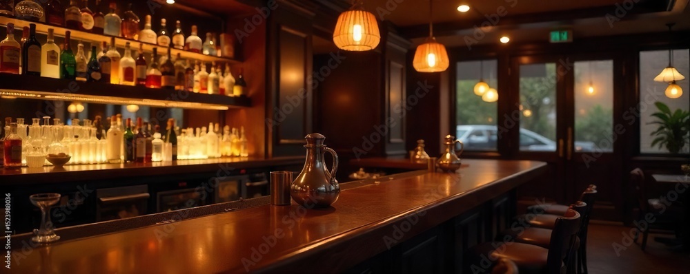 Elegant, dimly lit bar with polished wood, gleaming glassware, and stylish d?cor Perfect for a sophisticated drinks menu or upscale establishment advertising , beautiful, nightlife Elegant, dimly lit bar with polished wood, gleaming glassware, and stylish d?cor Perfect for a sophisticated drinks menu or upscale establishment advertising , beautiful, nightlife