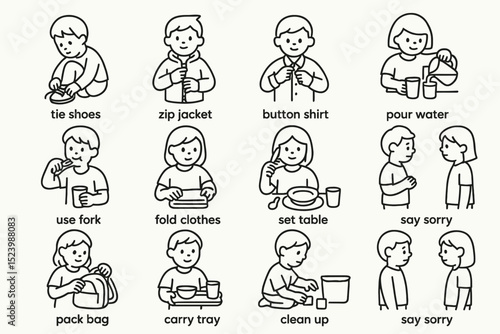 Cartoon children illustrating everyday tasks and social interactions