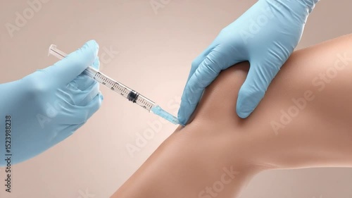 Medical Injection: A close-up shot of a healthcare worker's gloved hands administering a medical injection into a patient's knee, illustrating the importance of healthcare practices.