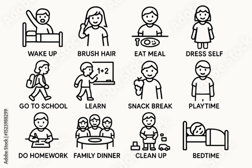 Child's daily routine icons: activities from wake up to bedtime illustrated