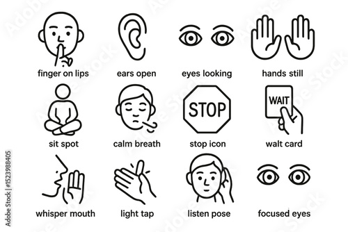 Visual communication icons: listening, focus, calm, and patience symbols