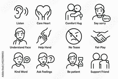 Simple line icons illustrating empathy, understanding, and supportive interactions