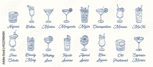 A series of blue and white drawings of various cocktails. The drawings are stylized and the text is written in cursive