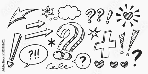 Hand drawn sketch of arrows question marks exclamation points and other symbols in black and white, vector art