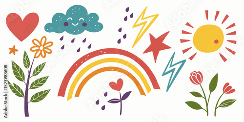 Colorful illustration featuring a rainbow, sun, cloud, heart, flower and lightning bolts design art, vector art