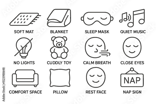 Sleep essentials icons: relaxation and comfort symbols for restful sleep