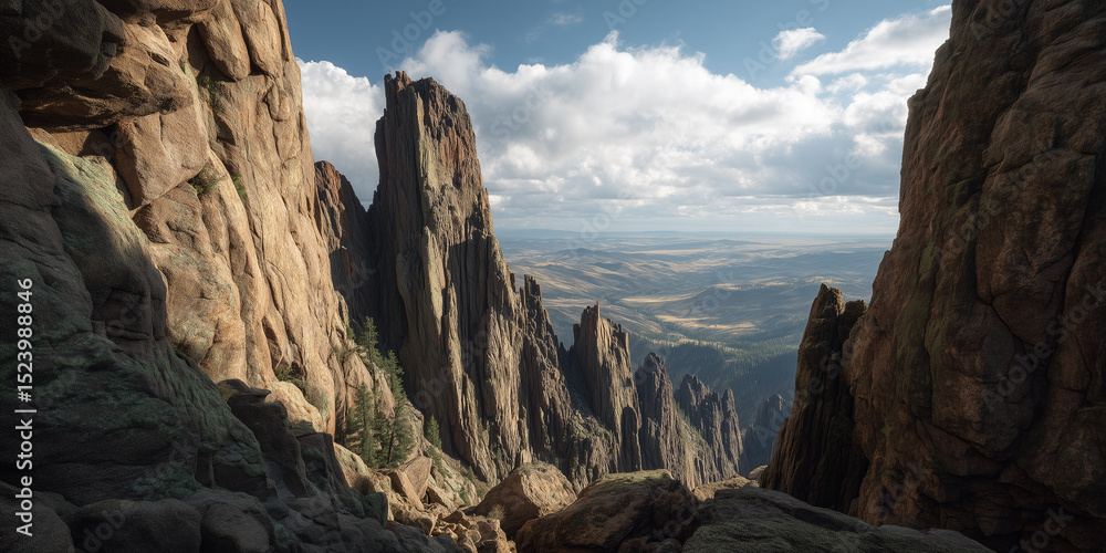 Obraz premium Dramatic Rocky Spires Overlooking Vast Mountain Valley 