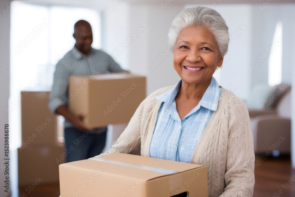 Happy senior couple carrying boxes into new home Happy senior couple carrying boxes into new home