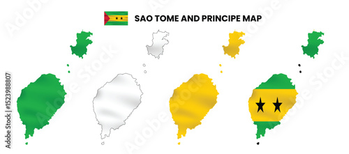 sao tome and principe map in various style frames, icons, black color, borders, flag colors. Vector illustration