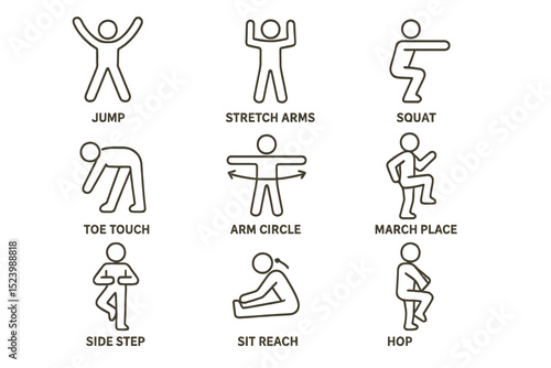 Simple exercise icons: jump, stretch arms, squat, toe touch, arm circle, march place, side step, sit reach, hop