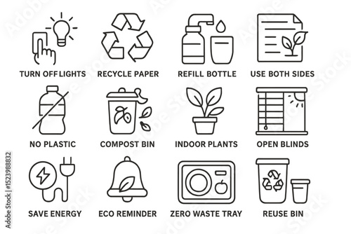 Eco-friendly habits: indoor plants, energy saving, recycling, zero waste, composting
