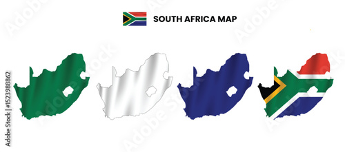 South Africa map in various style frames, icons, black color, borders, flag colors. Vector illustration
