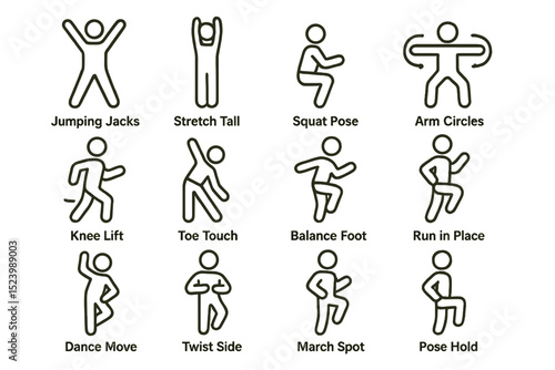 Simple exercise diagram: stick figure workout poses and activities