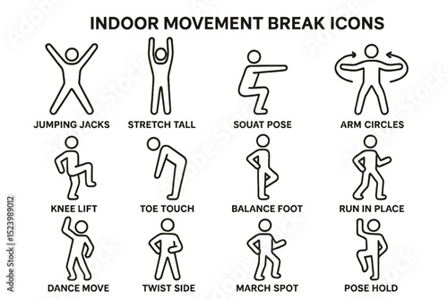 Indoor movement break icons for exercise and stretching activities