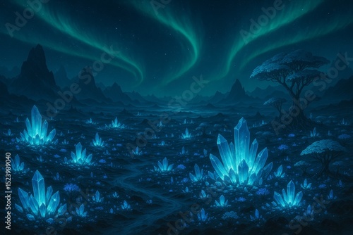 Wallpaper Mural A mesmerizing fantasy landscape at night, illuminated by the aurora borealis, featuring a vast field of glowing blue crystals and a winding path. Torontodigital.ca