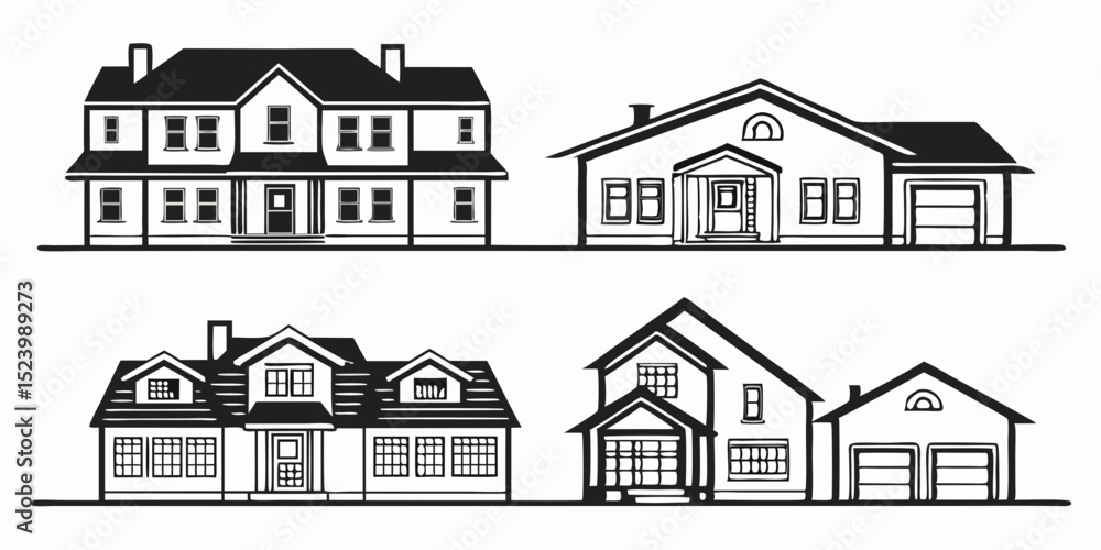 Fototapeta premium Illustration showing four different house designs with varying architectural styles in black and white line art, vector art
