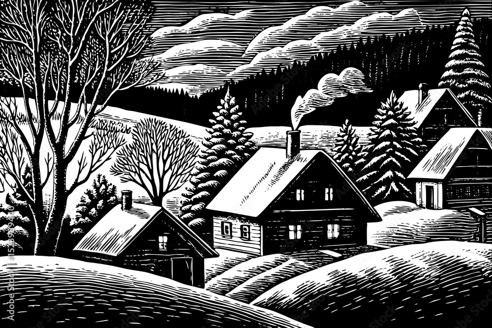 Fototapeta premium Black and white sketch vector of a snowy village nestled between forested hills in winter