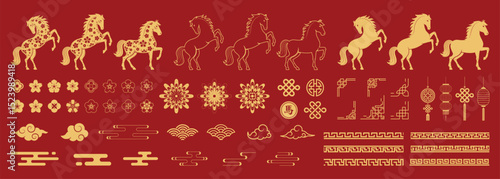 Chinese New Year 2026 icon set. Includes lanterns, horse, clouds, flowers, and traditional decorative elements.