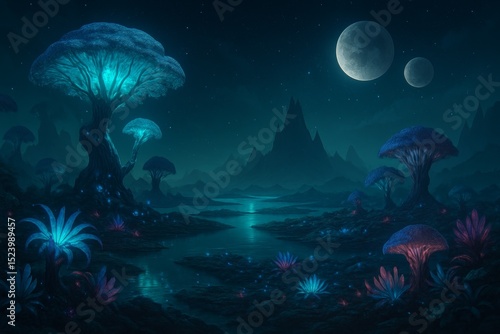  An otherworldly fantasy landscape at night, featuring glowing alien flora and fungi under multiple moons and an expansive starry sky with distant mountains.