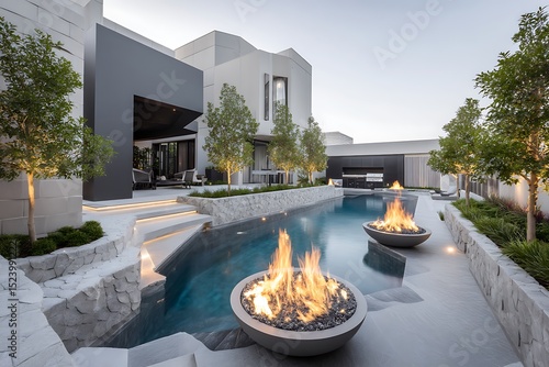 A contemporary luxury backyard with a pool surrounded by fire bowls, their flickering flames casting intricate 3D patterns, adding drama and elegance to the serene setting.