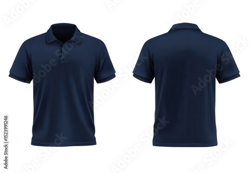 dark blue polo shirt template, front and back view isolated on a white background, png, transparent