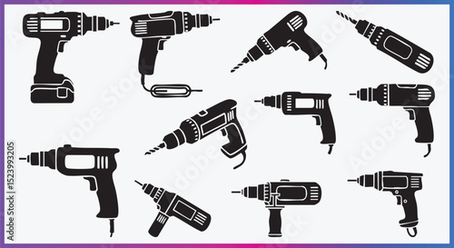 Electric Drill Icons Set Corded and Cordless Power Tools Vector silhouette Collection