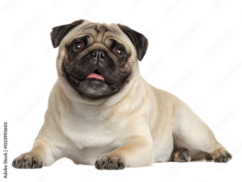 Obraz premium pug dog, lying full-length, isolated on a white background 