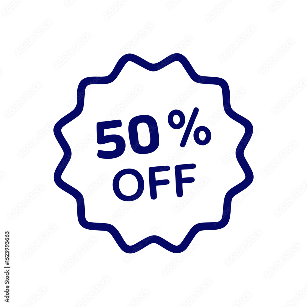 Sale badge icon with 50% off discount in blue outline design Sale badge icon with 50% off discount in blue outline design