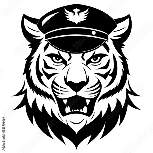 Dramatic tiger head sketch in captain style with black and white pencil lines