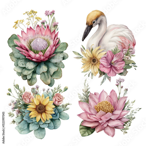 Exquisite Floral Arrangement with Lotus, Sunflower, and Crane in Pastel Colors, Botanical Illustrations for Nature and Art Design