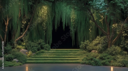 Enchanting Garden Entrance  Lush Greenery  Steps  Willow Trees  Cinematic Lighting