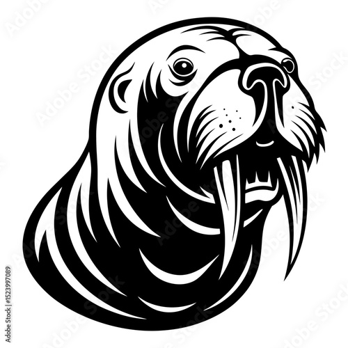Walrus head sketch with dramatic tusks in black and white pencil detail