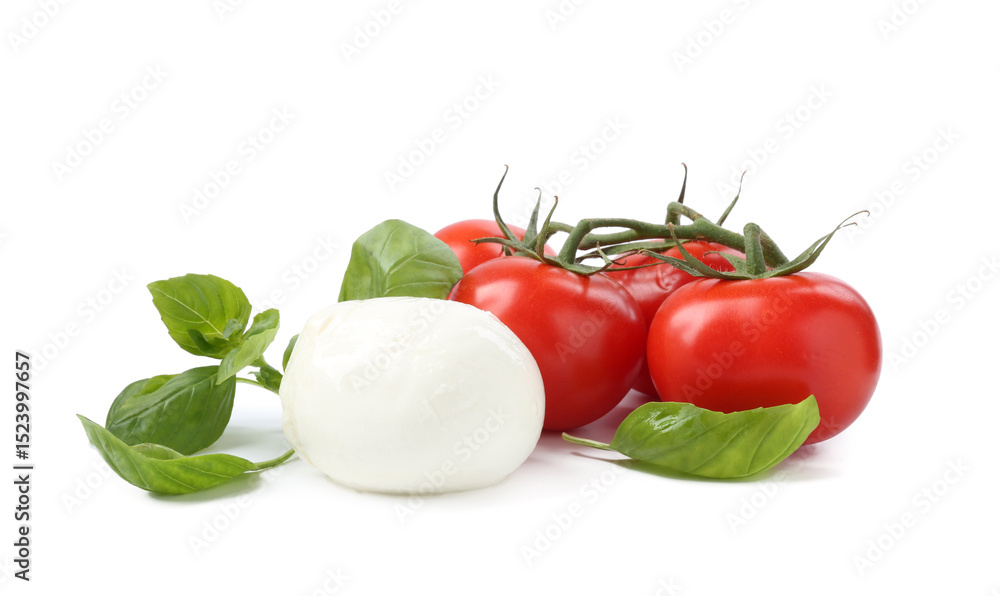 Tasty mozzarella cheese ball, tomatoes and basil on white background Tasty mozzarella cheese ball, tomatoes and basil on white background