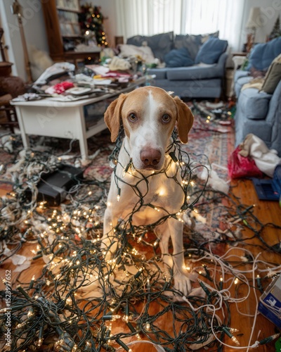 Playful Dog Surrounded by Holiday Lights and Messy Living Room